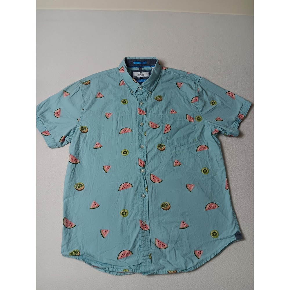 MBX Shirt Mens Large Blue Short Sleeve Button-Down Watermelon Kiwi Print